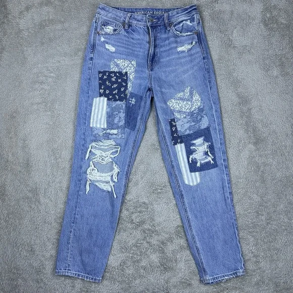 American Eagle High-Rise Patchwork Straight Mom Jeans Relaxed‎ Distressed Size 4 - Picture 13 of 14